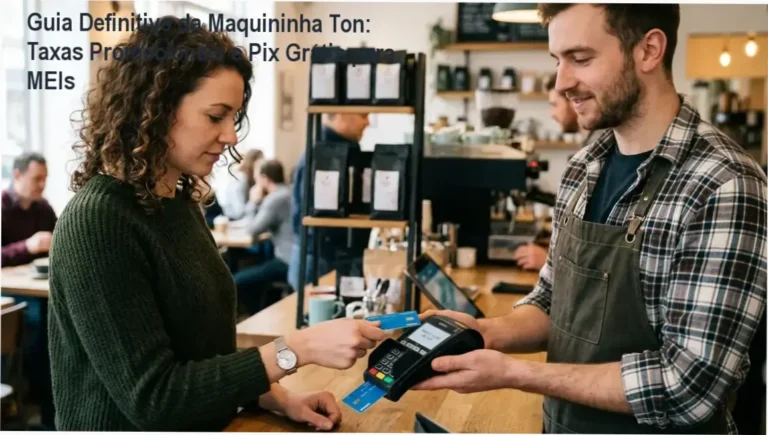Maquininha Ton com taxa promocional inicial de 0,57% e Pix grátis para pequenos negócios. Imagem mostra o dispositivo na prática, destacando custo-benefício e variedade de bandeiras aceitas.