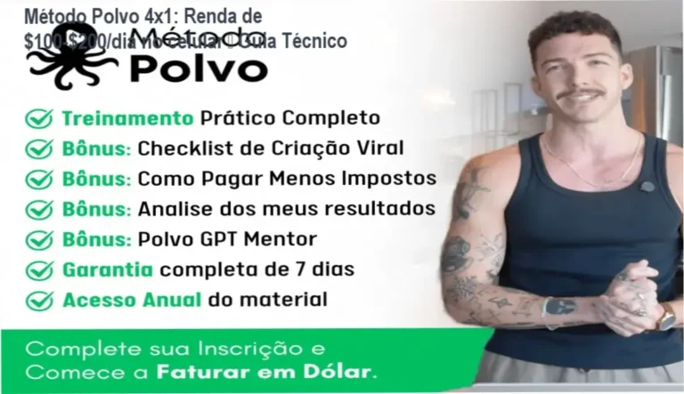 Capa do Método Polvo 4x1 mostrando ganhos diários usando apenas o celular