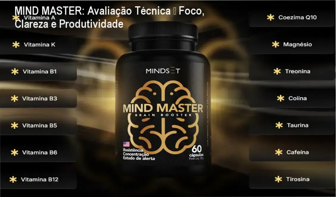 MIND MASTER: Avaliação Técnica – Foco, Clareza e Produtividade 1 Frasco do suplemento MIND MASTER destacando oferta e cupom de desconto
