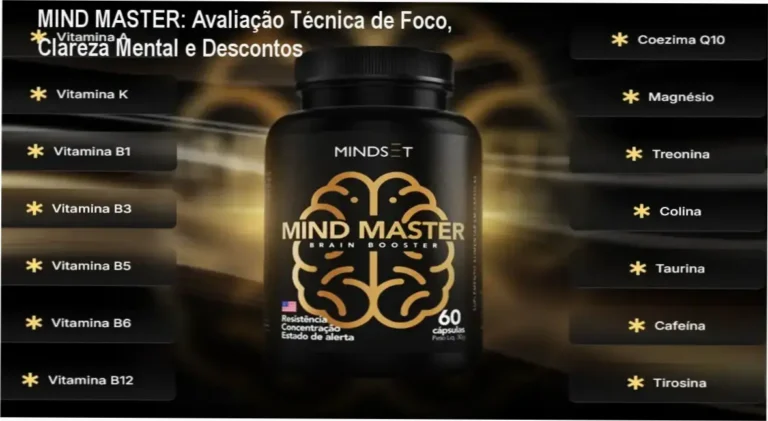 Frasco de MIND MASTER ao lado de cupom de desconto, simbolizando foco e clareza mental