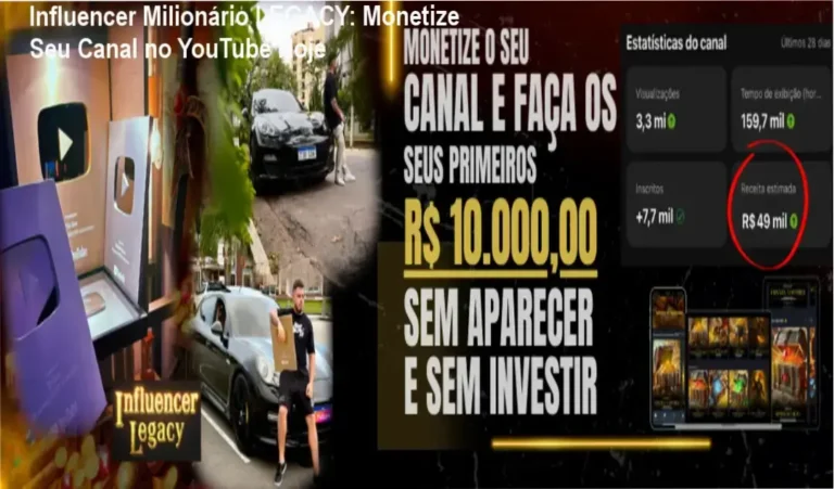 Capa do curso Influencer Milionário LEGACY com imagem do produtor Tio San e gráficos de crescimento de canais