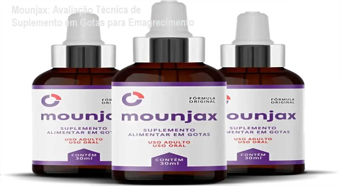 Mounjax: Avaliação Técnica de Suplemento em Gotas para Emagrecimento 1 Garrafa de Mounjax com mecanismo de gotas sublinguais e embalagem natural destacada