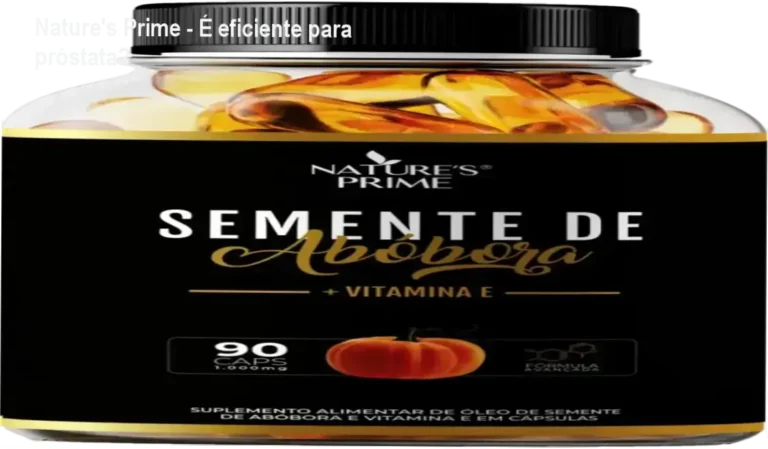 Cápsulas de Semente de Abóbora e Vitamina E da Nature’s Prime destacando saúde da próstata