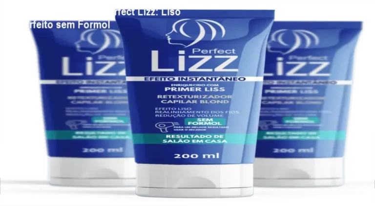 Avaliação Técnica Perfect Lizz: Liso Perfeito sem Formol 10 Frasco de Perfect Lizz ao lado de cabelos lisos e brilhantes, destacando a oferta oficial