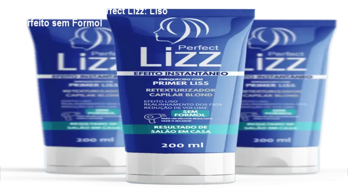 Frasco de Perfect Lizz ao lado de cabelos lisos e brilhantes, destacando a oferta oficial