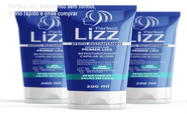Perfect Lizz: Alisamento sem formol, brilho rápido e onde comprar 7 Frasco de Perfect Lizz ao lado de cabelos lisos e brilhantes, destacando promoção e onde comprar