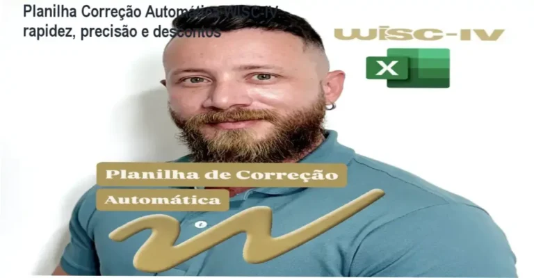 Planilha Correção Automática WISC‑IV: rapidez, precisão e descontos 8 Planilha de correção automática WISC‑IV exibindo tela do Excel com abas por idade e selo de desconto