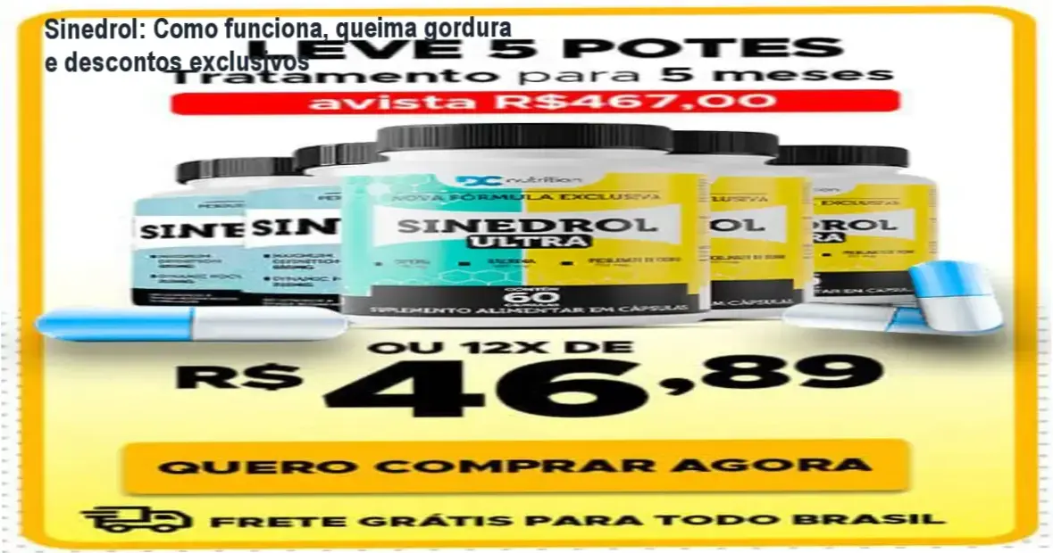 Sinedrol: Como funciona, queima gordura e descontos exclusivos 1 Frasco de Sinedrol com destaque para oferta de cupom e desconto