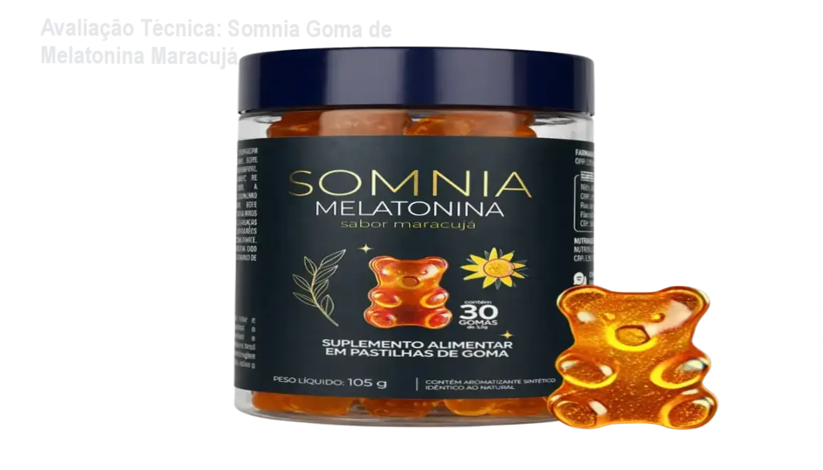 Avaliação Técnica: Somnia Goma de Melatonina Maracujá 1 Pacote de gomas Somnia sabor maracujá, 0,2 mg de melatonina, livre de açúcar, glúten e lactose, vegano.
