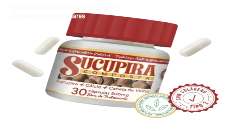 Cápsulas de Sucupira Composta com rótulo destacando alívio em 24 horas e qualidade natural