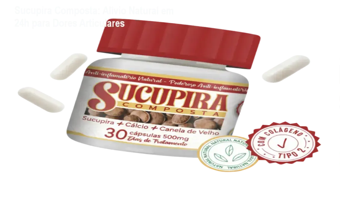 Cápsulas de Sucupira Composta com rótulo destacando alívio em 24 horas e qualidade natural