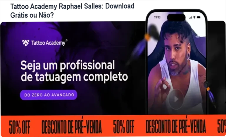 Tattoo Academy Raphael Salles: Download Grátis ou Não? 5 Capa do curso Tattoo Academy com instrutor Raphael Salles em ambiente de estúdio de tatuagem
