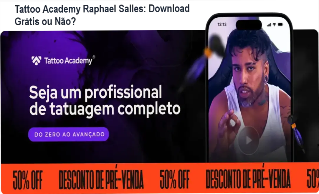 Capa do curso Tattoo Academy com instrutor Raphael Salles em ambiente de estúdio de tatuagem