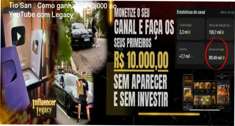 Tio San – Como ganhar R$10.000 no YouTube com Legacy 5 Capa do curso Influencer Milionário Legacy de Tio San mostrando ganhos no YouTube