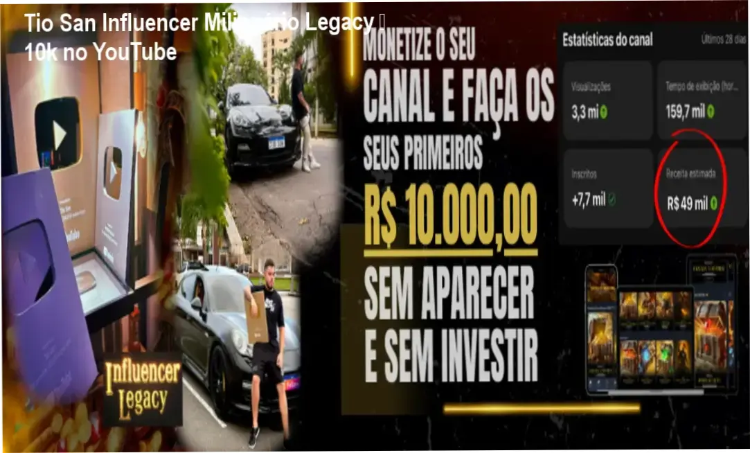 Tio San Influencer Milionário Legacy – 10k no YouTube 1 Capa do treinamento Tio San Influencer Milionário Legacy mostrando resultados de ganhos no YouTube