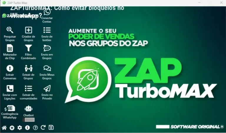 Tela do ZAPTurboMAX mostrando automação de mensagens no WhatsApp com proteção anti-bloqueio