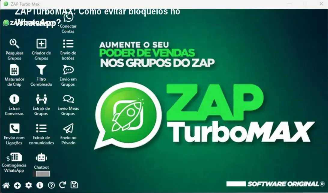 Tela do ZAPTurboMAX mostrando automação de mensagens no WhatsApp com proteção anti-bloqueio
