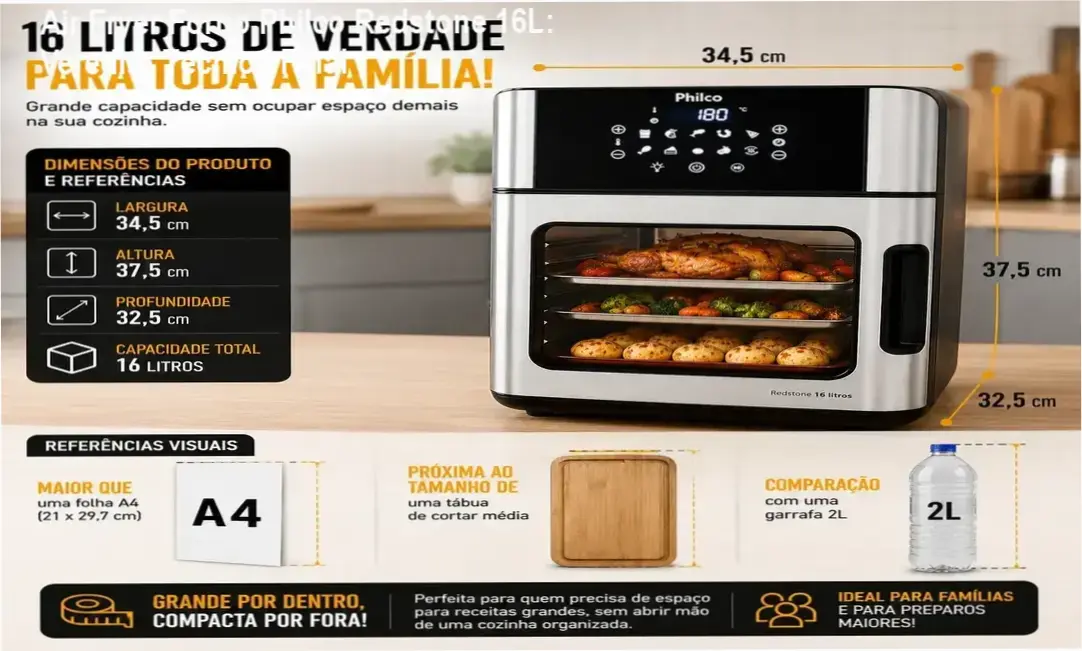 Air Fryer Forno Philco Redstone 16L com painel digital e acabamento em inox