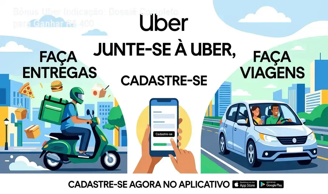 Interface do aplicativo Uber e detalhes do bônus de indicação para motoristas