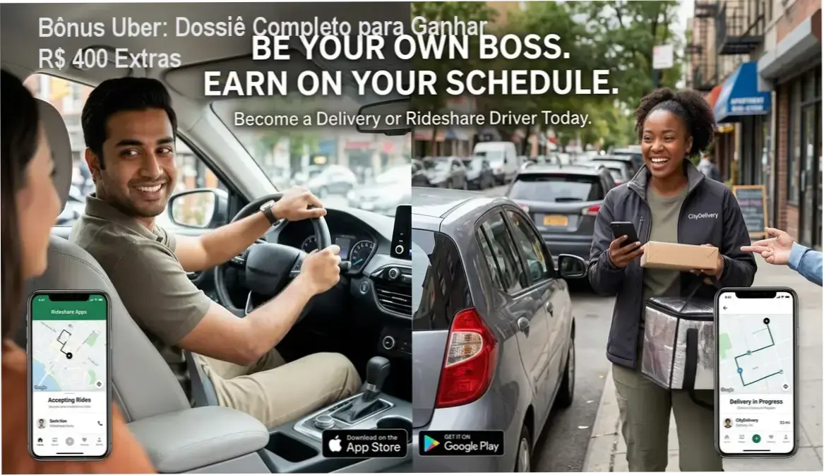 Detalhes da interface do app Uber e bônus de R$ 400 para novos motoristas