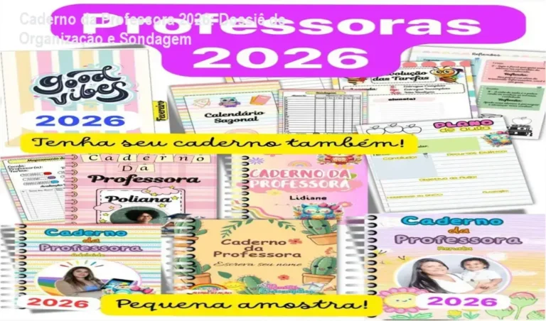 Visão interna do Caderno da Professora 2026 com ferramentas de sondagem e organização pedagógica