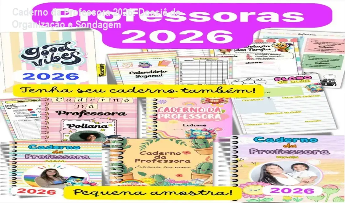Visão interna do Caderno da Professora 2026 com ferramentas de sondagem e organização pedagógica