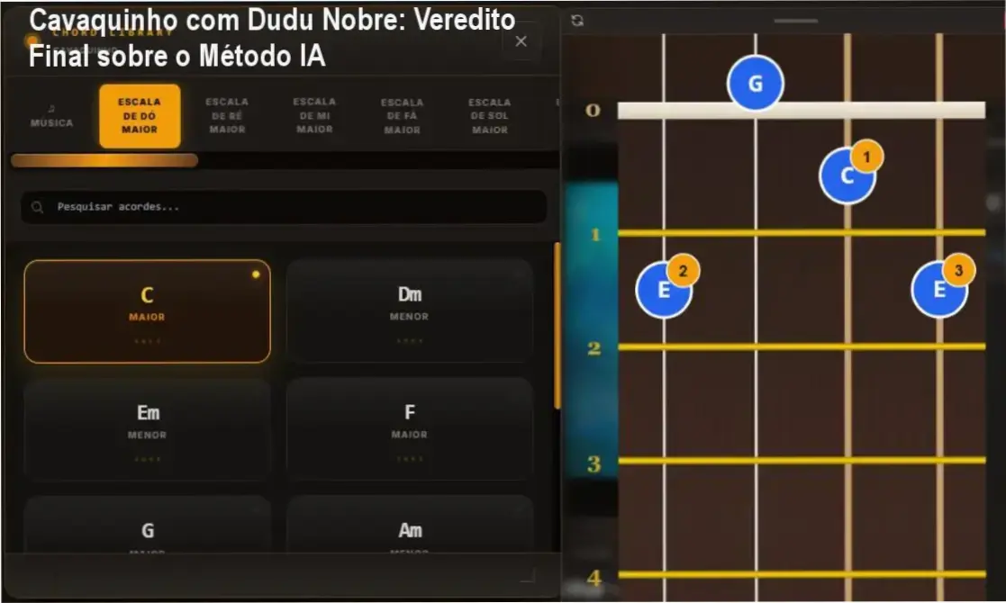 Cavaquinho com Dudu Nobre: Veredito Final sobre o Método IA 1 Interface do curso Cavaquinho com Dudu Nobre exibindo o sistema de correção por IA