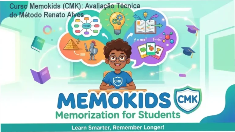 Curso Memokids (CMK): Avaliação Técnica do Método Renato Alves 7 Capa do Curso Memokids exibindo módulos de memorização aplicados a matérias escolares como Matemática e Português