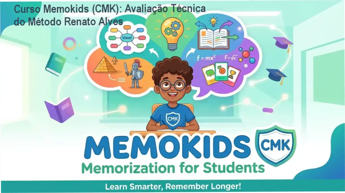 Capa do Curso Memokids exibindo módulos de memorização aplicados a matérias escolares como Matemática e Português