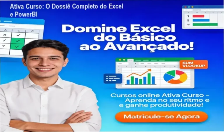 Interface da plataforma de estudos Excel e PowerBI da Ativa Curso com materiais didáticos e área de membros