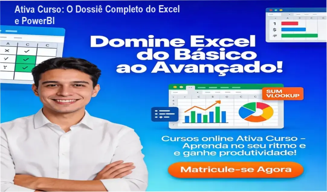 Interface da plataforma de estudos Excel e PowerBI da Ativa Curso com materiais didáticos e área de membros