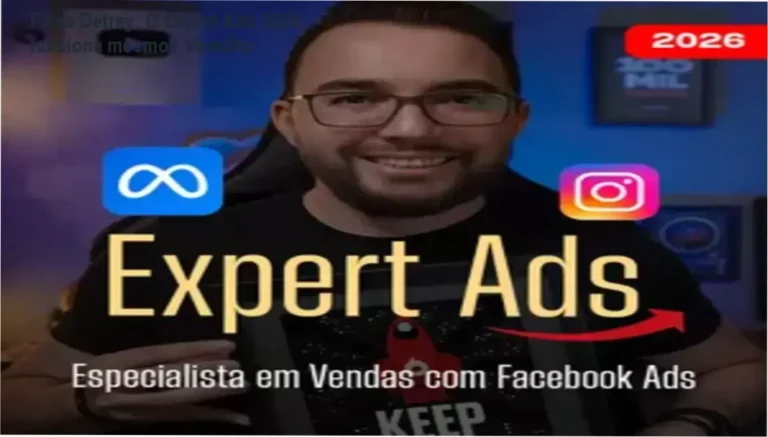 Interface do curso Expert Ads 2026 de Filipe Detrey mostrando módulos de Meta Ads e contingência