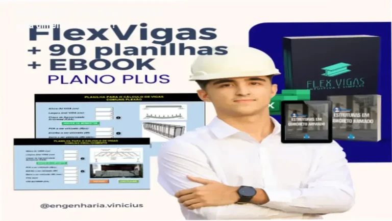 Interface da planilha FlexVigas de Vinícius Wilk exibindo cálculos de flexão e cisalhamento no Excel