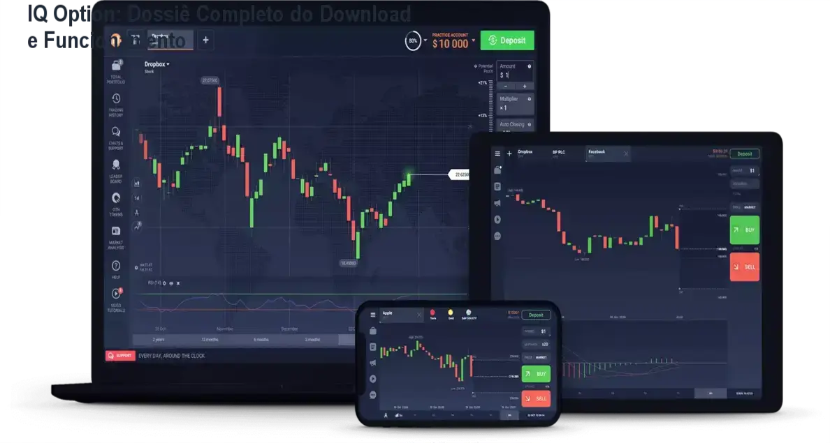 Interface do app IQ Option mostrando gráficos de trading e ferramentas de investimento