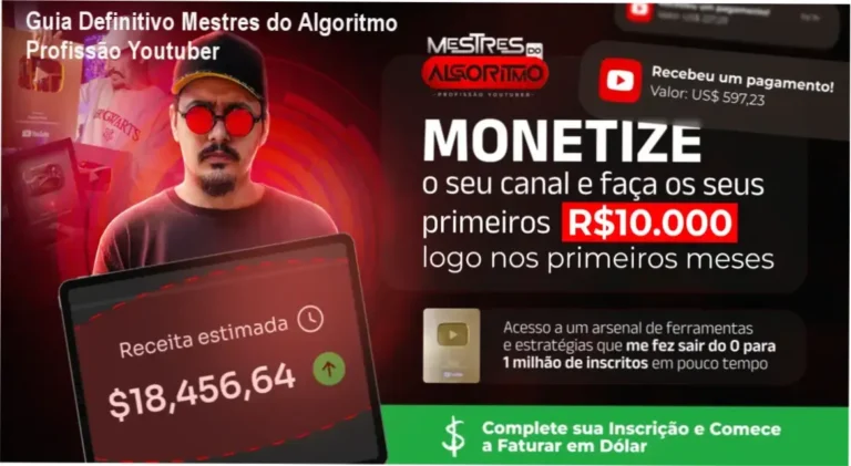 Curso 'Mestres do Algoritmo' de Caio Ferreira: estratégias de IA para canais no YouTube sem aparecer e conteúdo otimizado para viralização.