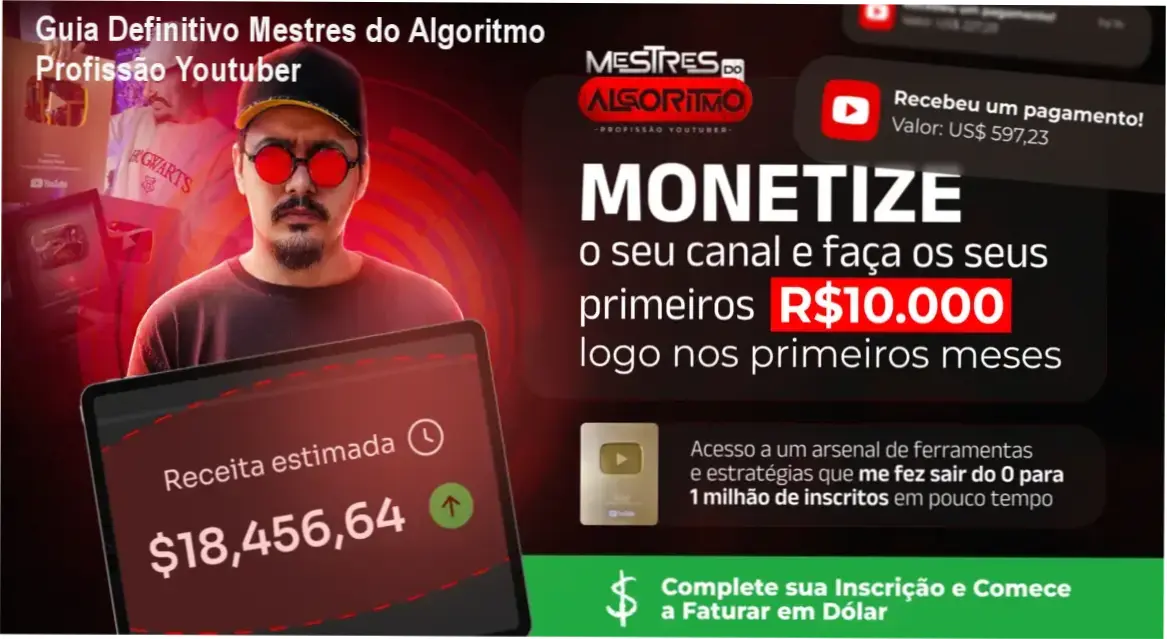 Curso 'Mestres do Algoritmo' de Caio Ferreira: estratégias de IA para canais no YouTube sem aparecer e conteúdo otimizado para viralização.