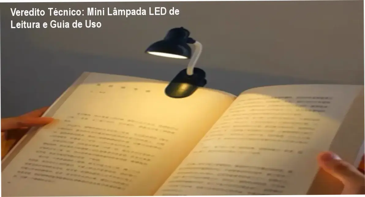 Veredito Técnico: Mini Lâmpada LED de Leitura e Guia de Uso 1 Mini lâmpada de mesa LED com clipe ajustável presa a um livro para leitura noturna