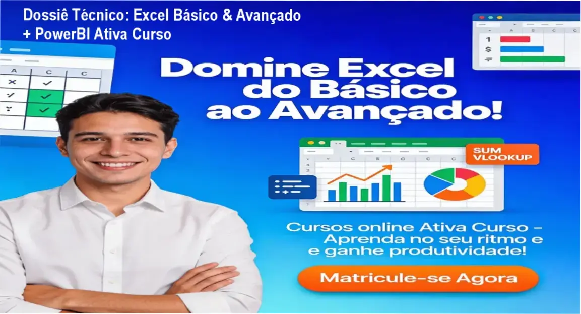 Curso Excel Básico & Avançado Ativa Curso: visão interna da plataforma de aulas e materiais