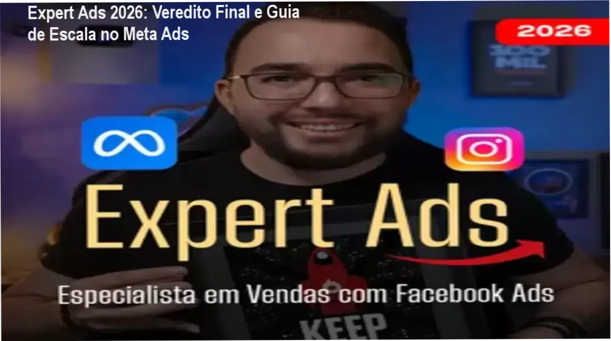 Interface do curso Expert Ads 2026 com foco em estratégias de tráfego pago e vendas no Meta Ads