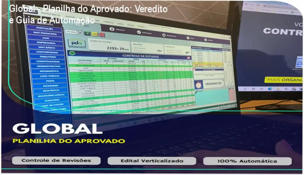 Interface da Global - Planilha do Aprovado exibindo dashboard de desempenho e ciclo de estudos automatizado