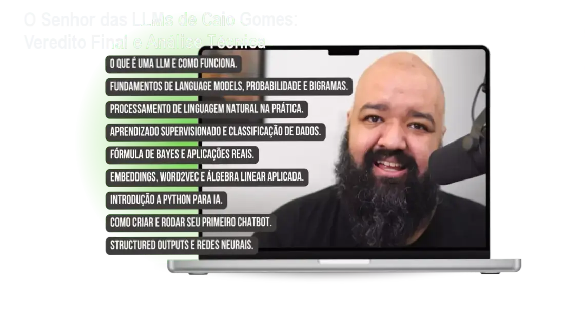 Interface do curso O Senhor das LLMs de Caio Gomes focada em construção de soluções com IA