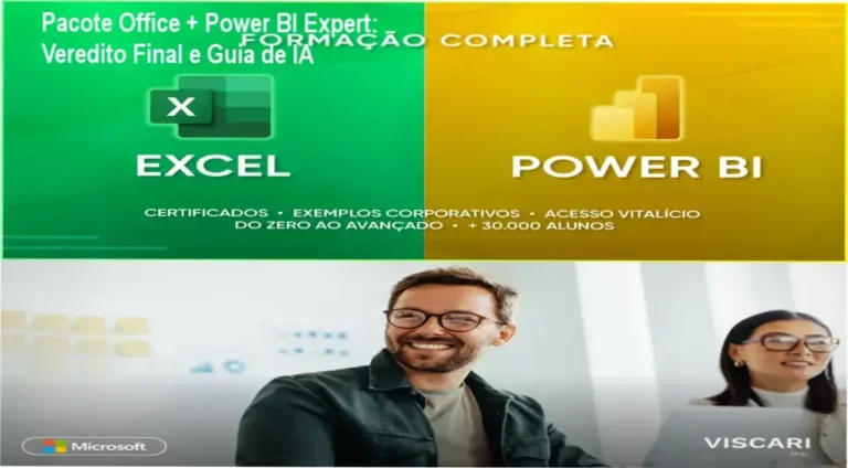 Interface do curso Pacote Office e Power BI Expert destacando dashboards e integração com IA