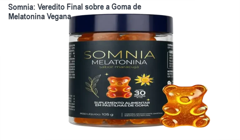 Somnia: Veredito Final sobre a Goma de Melatonina Vegana 6 Pote de gomas Somnia sabor maracujá ao lado de elementos que remetem ao sono profundo e relaxamento