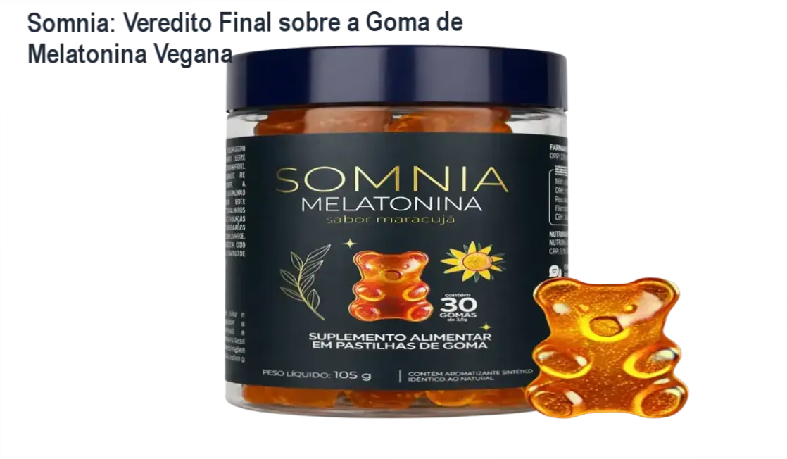 Pote de gomas Somnia sabor maracujá ao lado de elementos que remetem ao sono profundo e relaxamento