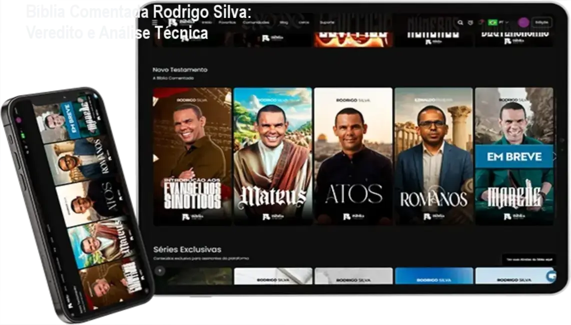 Interface do aplicativo da Bíblia Comentada Rodrigo Silva com ferramentas de IA e estudos arqueológicos