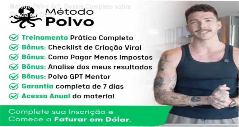 Método Polvo 4x1: Dossiê Completo sobre Renda em Dólar 1 Interface do Método Polvo 4x1 demonstrando a estratégia de monetização internacional via smartphone