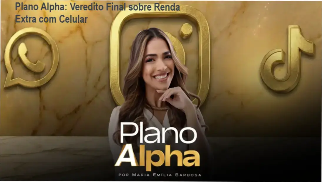Smartphone exibindo o ecossistema do treinamento Plano Alpha de Maria Emília Barbosa para monetização digital